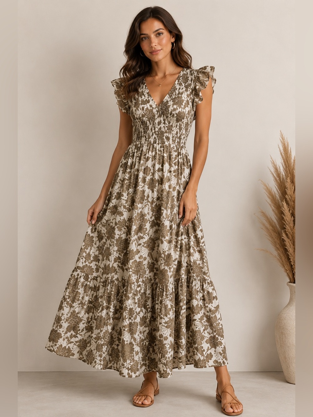 August Sky neutral colors Floral Maxi Dress Sleeveless Boho Cottagecore Size L